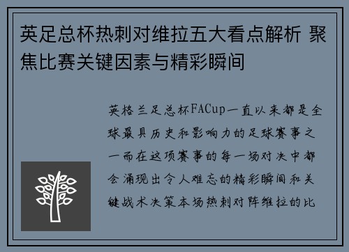 英足总杯热刺对维拉五大看点解析 聚焦比赛关键因素与精彩瞬间