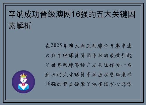 辛纳成功晋级澳网16强的五大关键因素解析